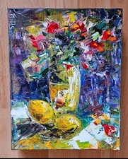 Original Oil Painting on Canvas by Palette Knife Still Life with Lemons Signed 