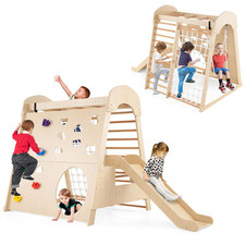COSTWAY 8-in-1 Indoor Jungle Gym Wooden Playground with Climbing Wall-Natural