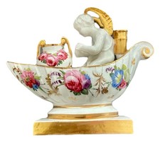 COALPORT RARE CUPID INKSTAND WITH QUILL HOLDER - PAINTED SUMMER FLOWERS C1820