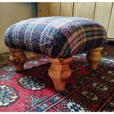 Purple Tartan Wool Tweed Footstool Oak Legs Upholstered Square Stool Scottish