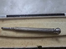 Antique Solid Silver Propelling Pencil c1900 Hand Engine Turned, Green Paste Top