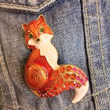 Fox Brooch Red Enamel Crystal