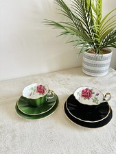 Rare Vintage Adderly Black And Green Cabbage Rose Gold Trim 2x Trio Set