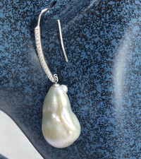 Very Large Natural  Baroque Pearl 925 Silver Pave Loop Earrings - Real Pearls!