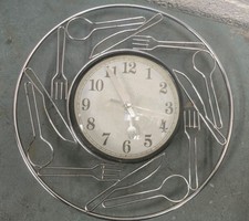 RETRO KITCHEN WALL CLOCK CHROME CUTLERY  SPOON FORK KNIFE WHITE CLOCK FACE