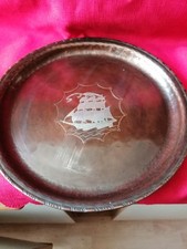Arts and Crafts Hugh Wallis 10 inch dia. Tray in Copper & Pewter inlay HW Stamp.