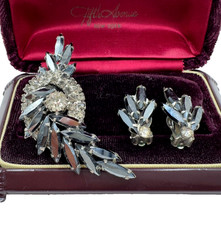 JULIANA DEMI PARURE EARRINGS BROOCH SET FLORAL 3D HEMATITE CRYSTAL MARQUISE CUT