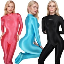 LEOHEX Women Oil Glitter Smooth One Piece Jumpsuits Cosplay Long Sleeve Bodysuit