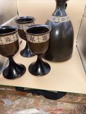 Vintage Pottery Wine Jug And 3 Matching Wine Goblets Signed JB