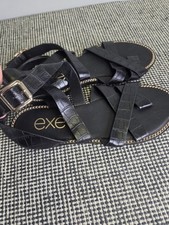 Womens Black Sandals Size 4 UK EU 37 Faux Leather Toe Ring Gold Detail