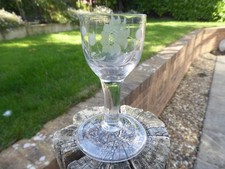 Georgian Dram glass folded foot engraved Moth etc c 1750 poss Jacobite V.G.C.