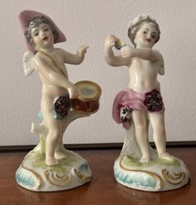 Chelsea Gold Anchor Porcelain Cherubs Figurines With Drums .