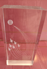 CRYSTAL CLEAR GLASS PAPERWEIGHT with AIRCRAFT DISPLAY JETS