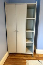 IKEA Kids Solid Pine 2 Door Grey Wardrobe Side Shelves Cubby Storage 2 Rails VGC