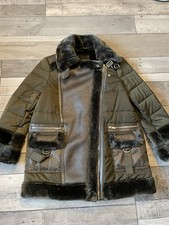 River Island Women’s Faux Fur Aviator Coat Size 6 Khaki Green Padded New WO/tags