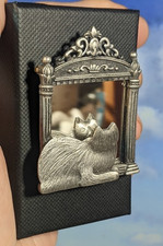 Vintage JJ Jonette Jewellery Cat Mirror Pewter Brooch, 55x40mm  in Gift Box