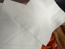 Set of 6 VINTAGE white damask linen napkins embroidered "M" initial monogram