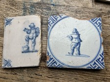 Two Antique 17th century Dutch Delft Tin Glazed Tiles Soldiers Damaged As Seen