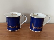 2 Harrods Cups Mugs Pair Fine Bone China England Blue Gold Detail -  Tea/Coffee