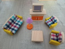 Plan Toys Dolls House furniture Living Room set - sofa, chairs, tv&stand, table