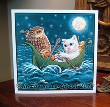 Owl and Pussycat painting art Birthday card original design by Suzanne Le Good