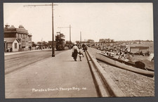Postcard Thorpe Bay nr Southend on Sea Essex tram pub Parade and Beach early RP