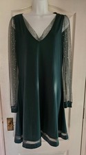 Sheilay Green A-Line Dress Size L Sparkle Mesh Sleeves Festive Christmas NYE
