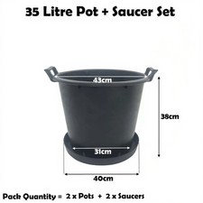 2 x 35 Litre Plant Pot With Saucer Heavy Duty Handles 35L Tree Lt Big Large