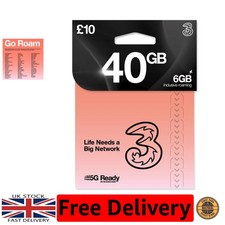 THREE £10 SIM Card, 40GB Data