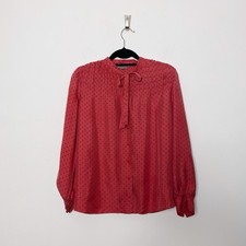 Jigsaw Blouse Size UK 10 Pink Polka Dot Print 100% Silk Long Sleeve Pussy Bow