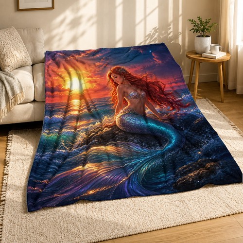 Red haired mermaid sunset - haired,