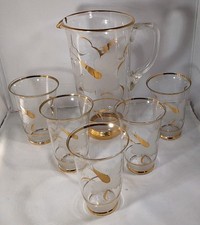 ART DECO CZECH GLASS JUG & 5 TUMBLER DRINKS GLASSES SET GOLD FLOWERS COCKTAILS 