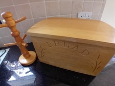 Wood BREAD BIN  Decoratively Carved & MUG TREE.  Lid Doubles as a Bread Board.