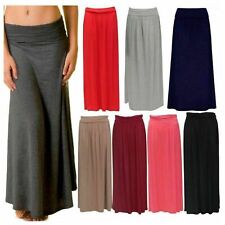 Women Ladies Flared Jersey Maxi Skirt Long Plain Stretch Turn Up Waist Plus Size