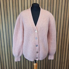 Wyse Cardigan Nude Pink Sequin Womens XL Button Wool Mohair Chunky Ribbed Knit