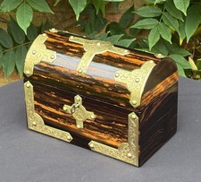Antique 1870's Dome-Top Jewellery Box in Coromandel with Engraved Overlaid Brass