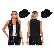 Western Cowgirl Outfit for Women 70s Hippie Costume Cowgirl Vest with Cowboy Hat