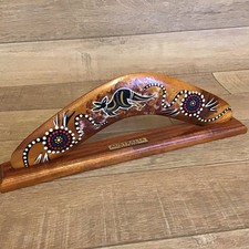 Authentic Wooden Hand Crafted & Painted Australian Boomerang On Stand Aboriginal