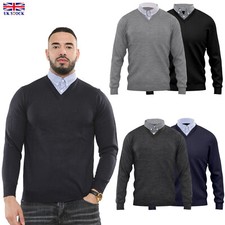 Men's Jumper Mock-Collar Knitted V-Neck Plain Sweater Pullover Sweatshirt S-4XL