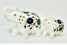 Pair Pietra Dura Elephants, Mother & Baby, White Alabaster, Malachite, Lapis Etc