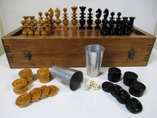 ANTIQUE FRENCH CHESS SET AND XL CHESS BACKGAMMON BOARD + 2 SHAKER & COUNTERS