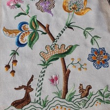 Vintage hand embroidered panel, WOODLAND SCENE squirrel deer, Jacobean Style