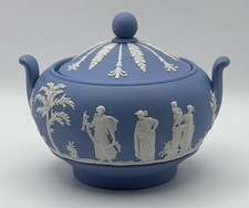 Wedgwood Jasperware Covered Sugar Bowl White on Pale Blue 1956
