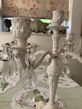 Vintage French White Candelabra Articulated 5 Arm Candlestick Glass Drops Roses 