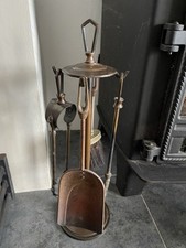 Art Deco Copper Companion Set Fireside Tools Tongs Poker Brush Shovel Fire Side