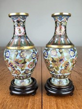 Pair Antique Chinese Cloisonné Enamel Vases Butterflies & Flowers – Signed