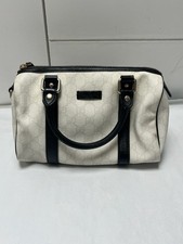 Authentic Vintage Gucci GG Cream Canvas / Black Leather Medium Boston Bag 198604