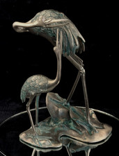 Solid Brass Cranes Sculpture | Art Deco Style Heron Statue with Verdigris Patina