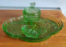 Vintage Sowerby Bright Green Glass Butterfly Dressing Table Set + Trinket dish