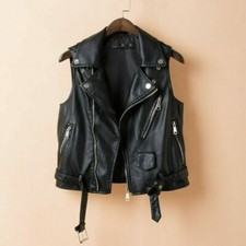 Womens Black Faux Leather Waistcoat Gilet Biker Sleeveless Jacket Vintage Coats